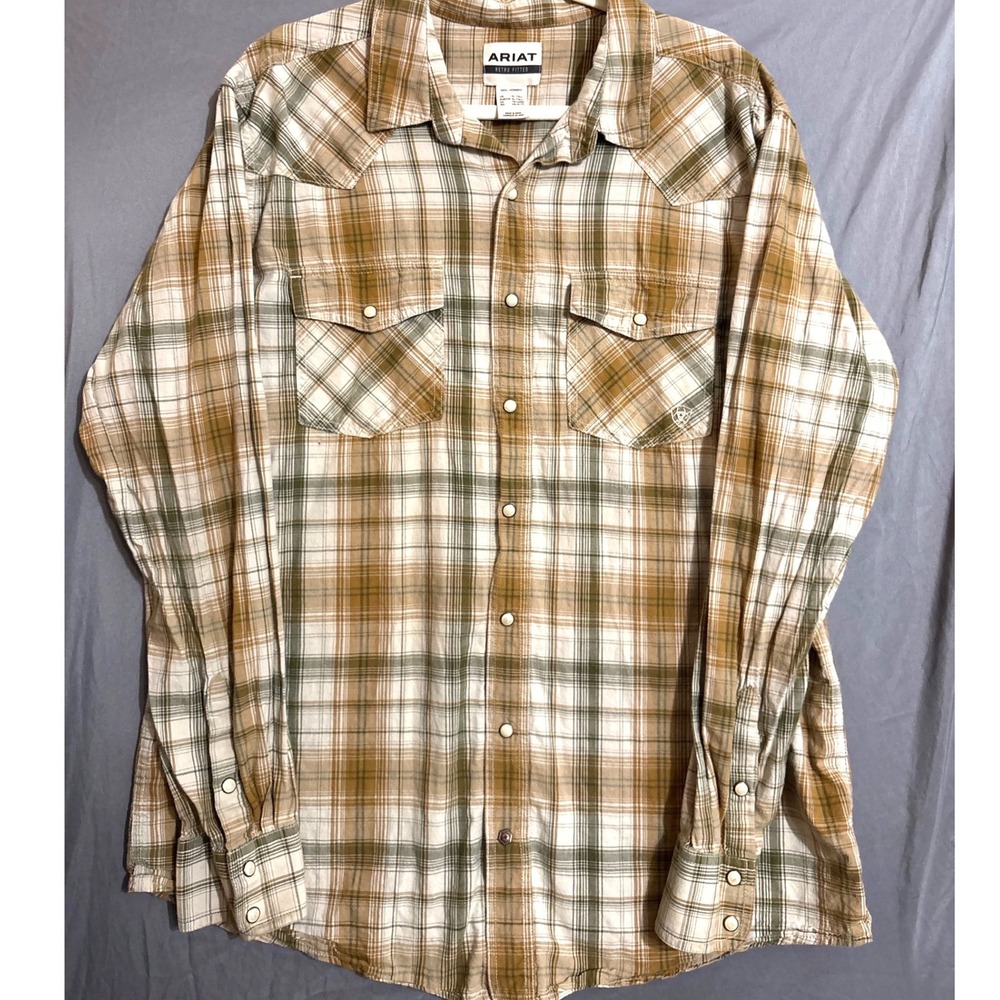 Ariat Retro Fitted Mens XL Tall Western Pearl Snap Plaid Shirt Brown Olive - Picture 3 of 10